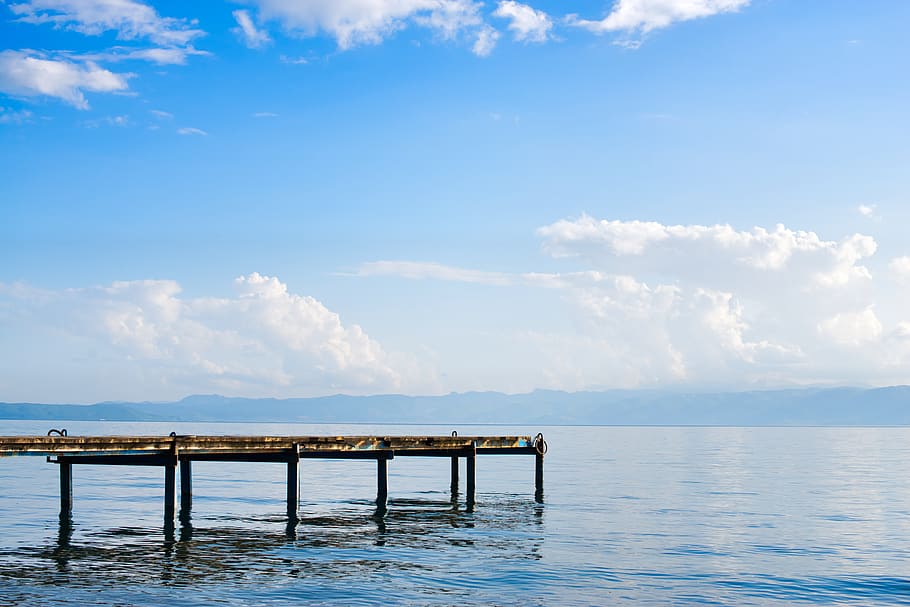 lake ohrid, calm, boat ramp, summer, ohrid lake, sky, water, HD wallpaper