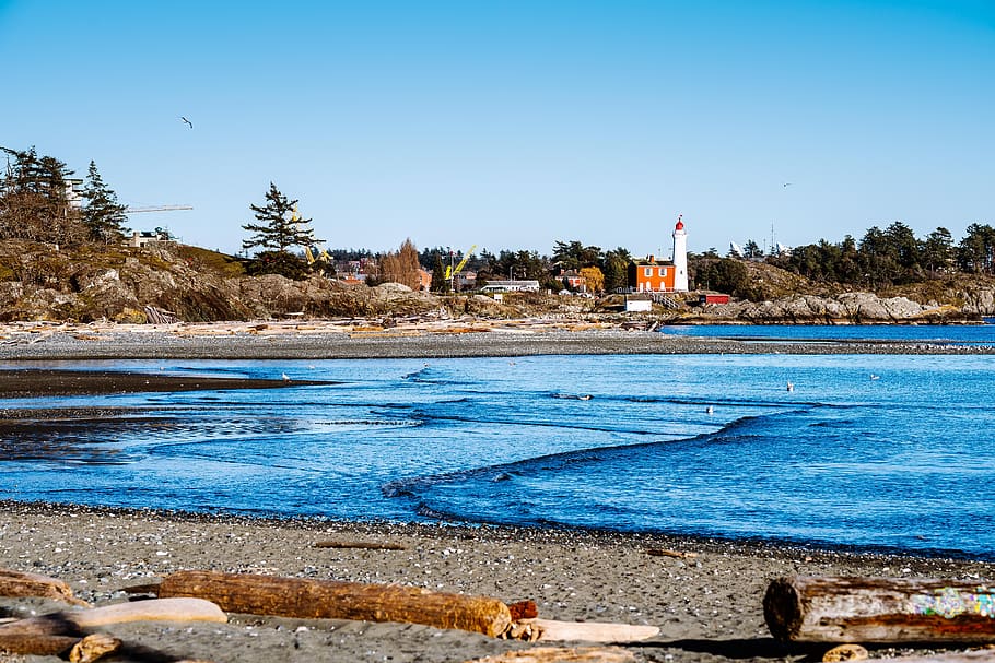 ocean, lighthouse, beach, winter, day, fort rodd hill, landscape HD wallpaper