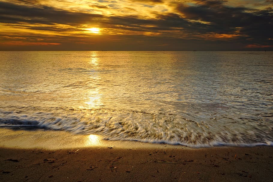 sunset, sea, water, ocean, sky, evening, sunrise, dusk, reflection HD wallpaper