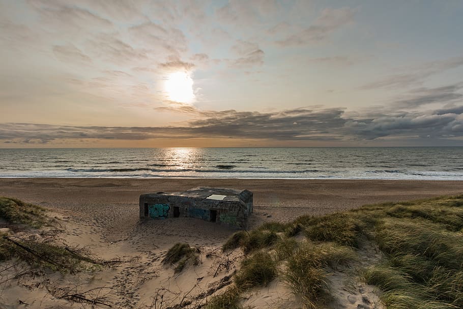 bunker, beach, denmark, water, ocean, coast, sea, north sea HD wallpaper