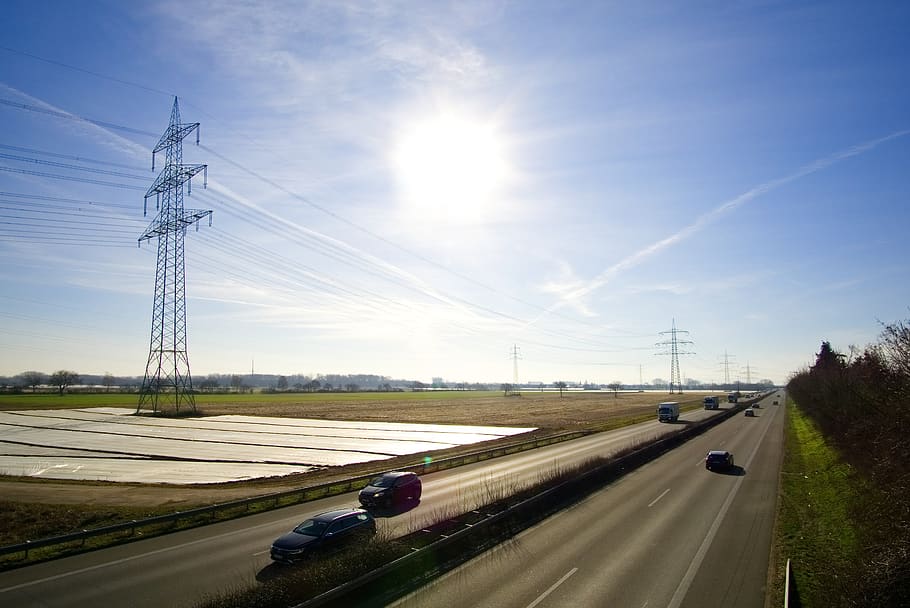 sun, backlighting, highway, autos, drive, travel, strommast HD wallpaper