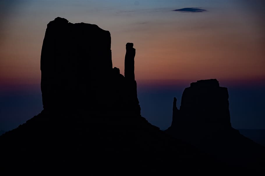 silhouette of rock formation, butte, sunset, monument valley HD wallpaper