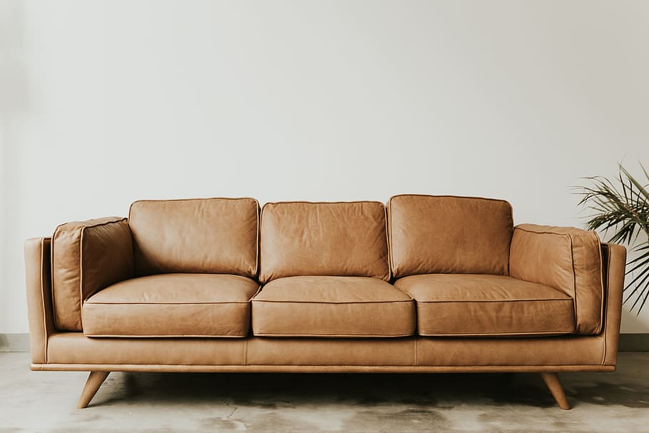 brown leather 3-seat sofa, green, plant, apartment, loft, airbnb, HD wallpaper