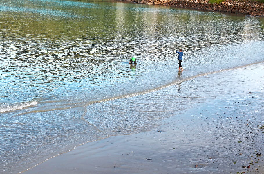 boys, beach, fun, water, paddle, dig, sand, ripples, two boys HD wallpaper