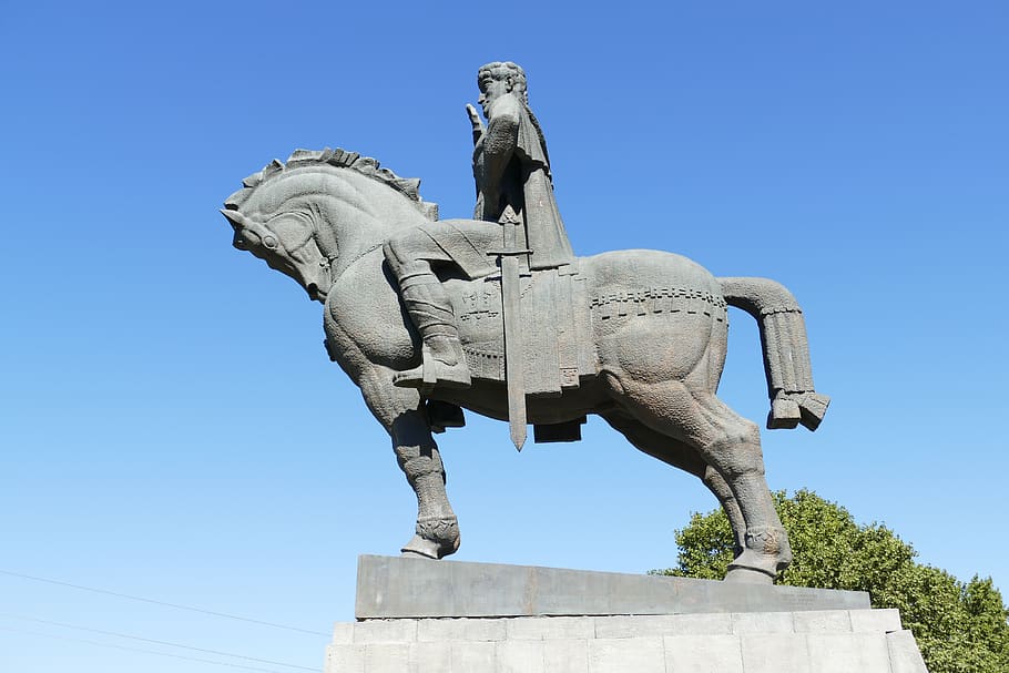 georgia, tbilisi, capital, monument, reiter, still image, king, HD wallpaper