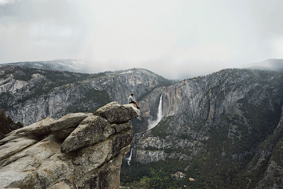 mountain, trees, forest, nature, plants, waterfalls, cold, clouds HD wallpaper