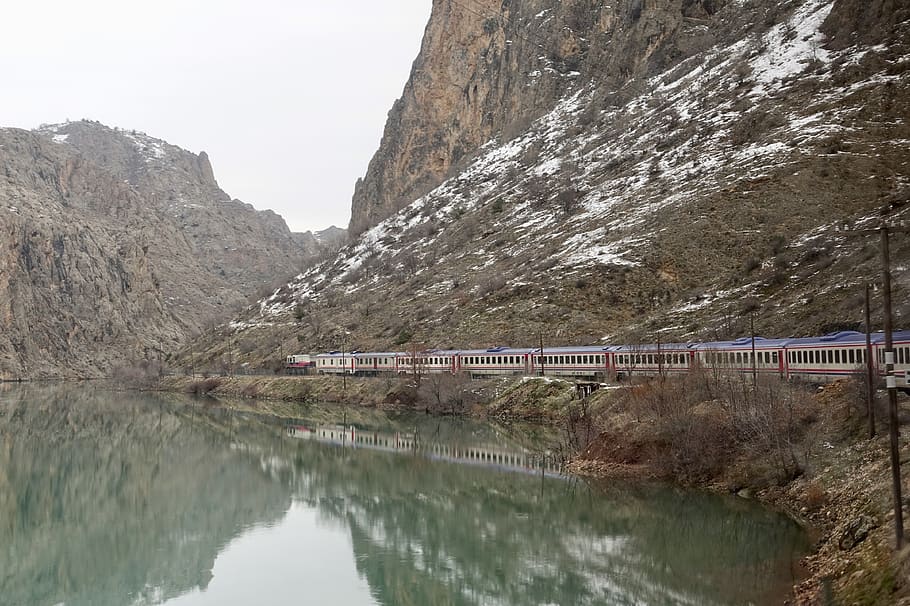 train, mountain, reflection, lake, snow, water, scenics - nature HD wallpaper