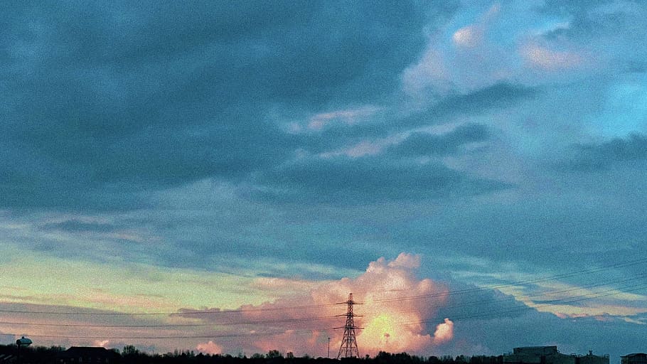 clouds, sunset, light, day, dusk, cloudy, powerlines, sky, trees HD wallpaper