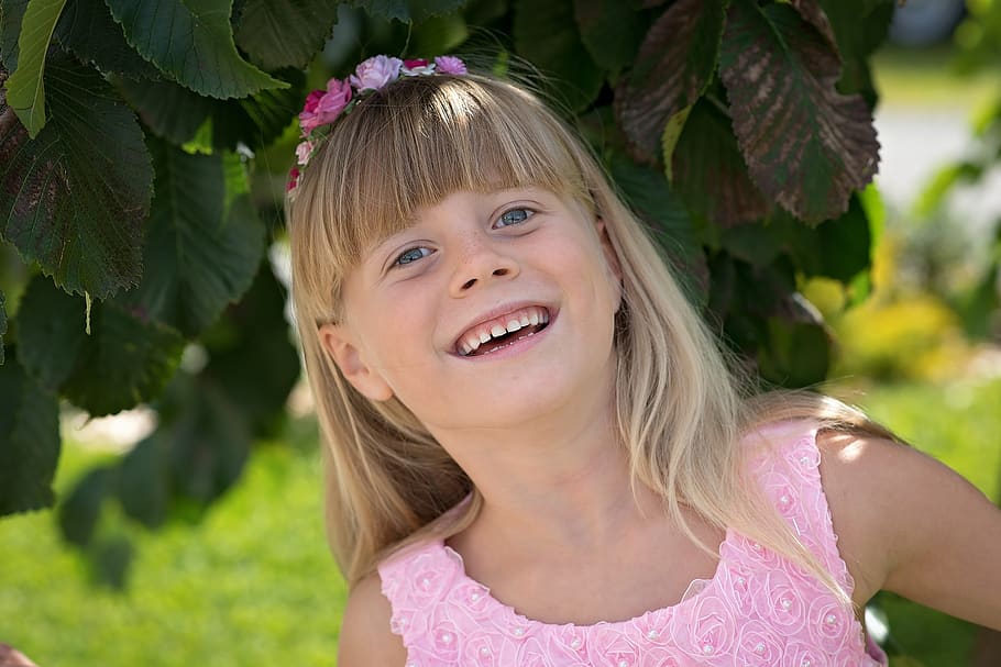 Girl Wearing Pink Floral Tank Dress Smiling, beautiful, blond HD wallpaper