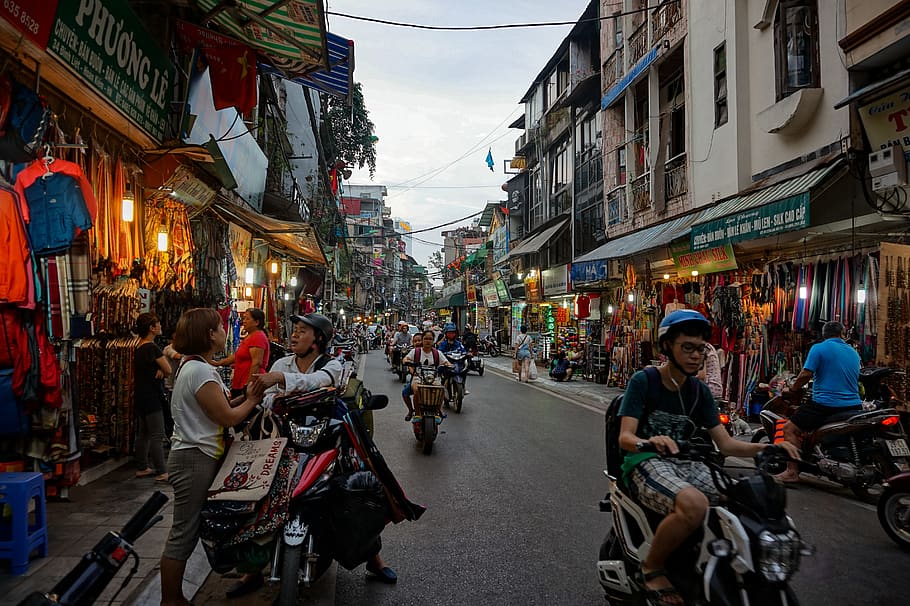 vietnam, hanoi, scooters, market, travel, explore, city, street