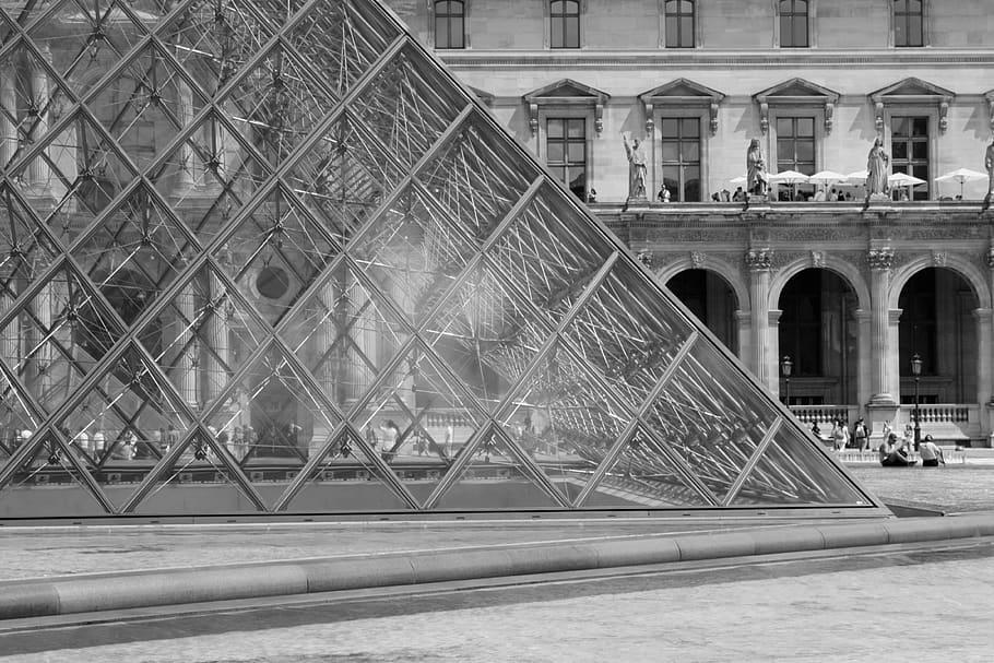 paris, lourve, black, white, metal, glass, built structure HD wallpaper