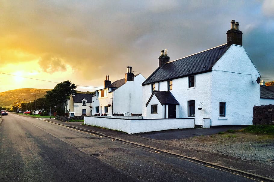 ullapool, united kingdom, white, sunset, town, roof, street HD wallpaper
