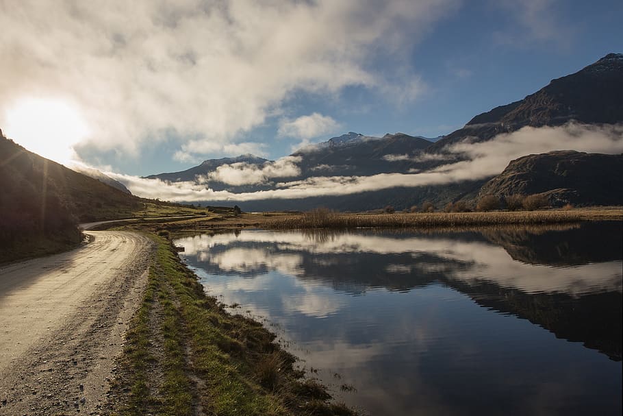 rob roy, reflection, lake, clouds, road, new zealand, aspiring HD wallpaper
