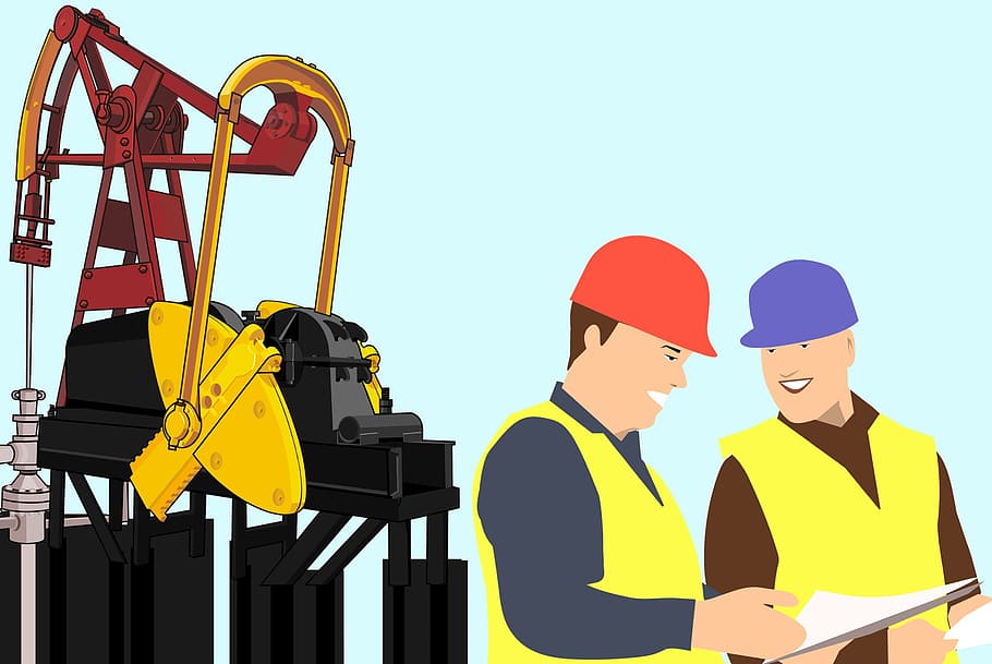 Illustration of workers and engineers on an oil rig, drill, equipment