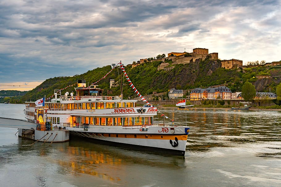 koblenz, ship, rhine, ehrenbreitstein, city, abendstimmung, HD wallpaper