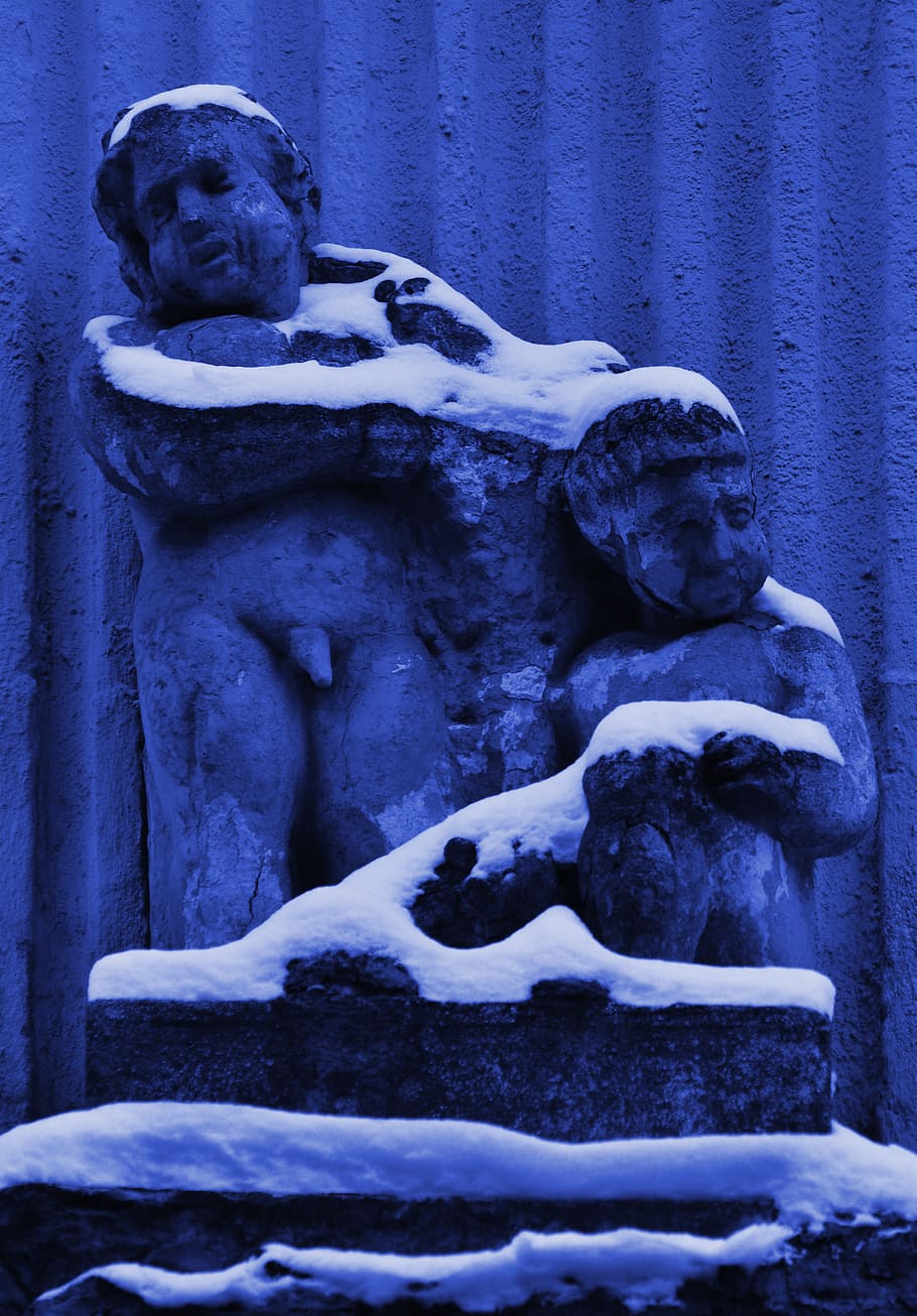 sculpture, blue, art, texture, statue, boys, snow, struggle HD wallpaper