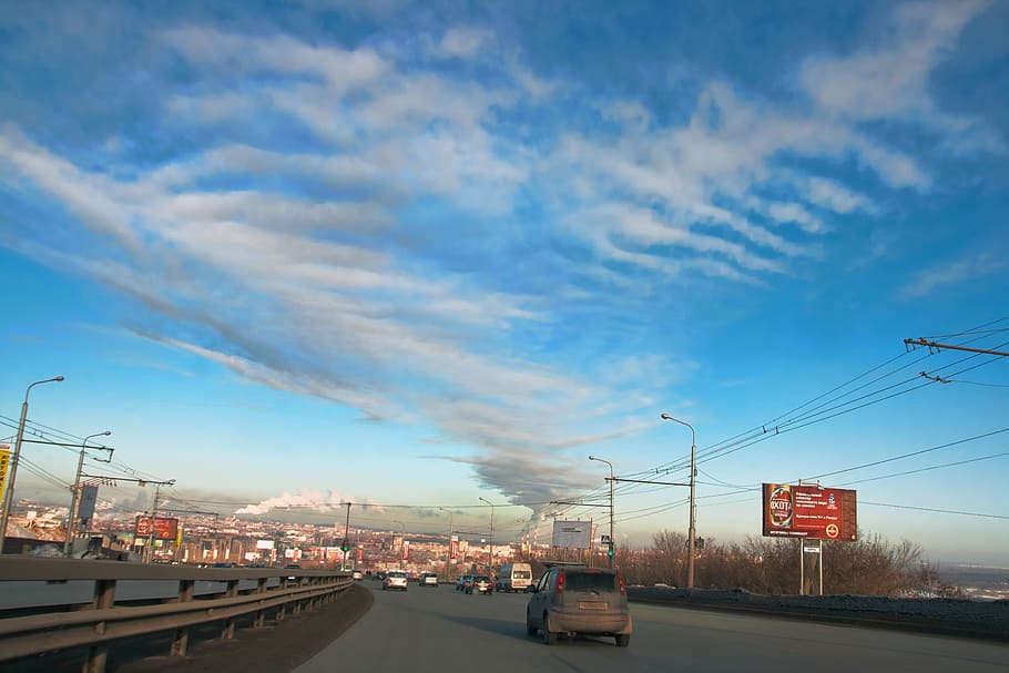 blue, building, car, clouds, cloudscape, downtown, horizon HD wallpaper