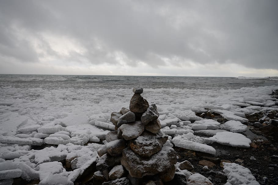lake, snow, sky, horizon, horizon over water, solid, rock, sea HD wallpaper