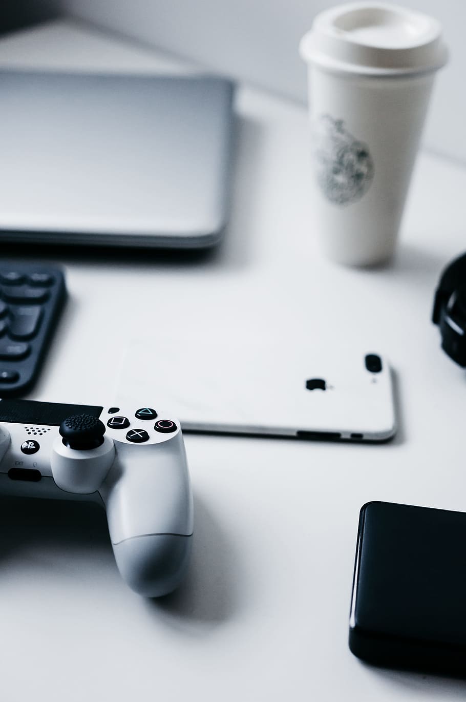 controller, phone, cup, laptop, ps4, playstation, gamer, gaming, HD wallpaper