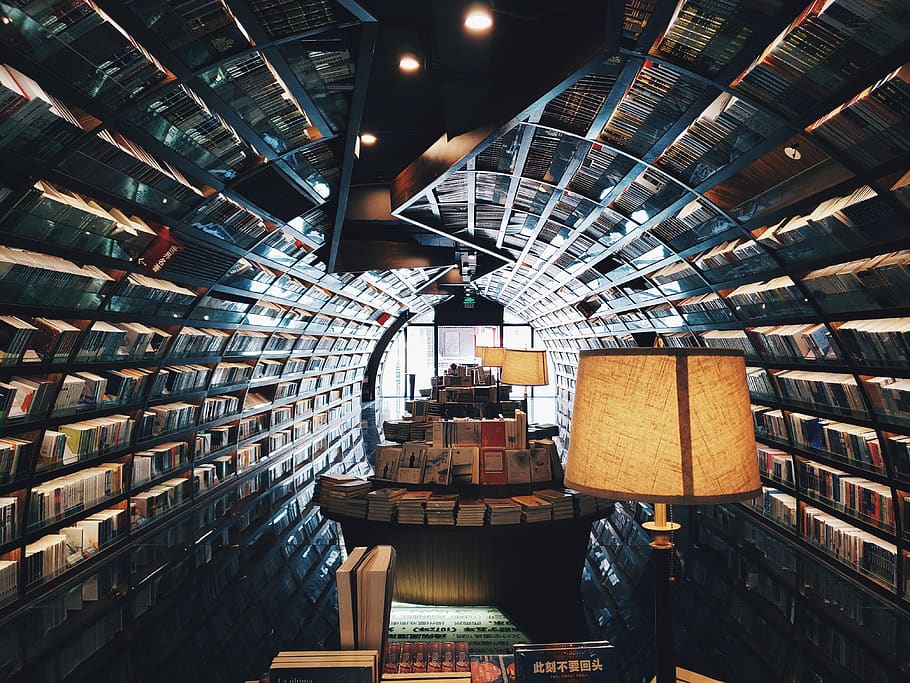 library hallway, shelf, large group of objects, indoors, abundance HD wallpaper