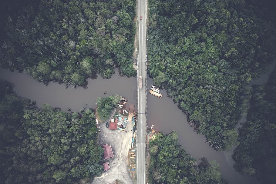 Aerial View Photography of Gray Concrete Bridge, daylight, environment HD wallpaper