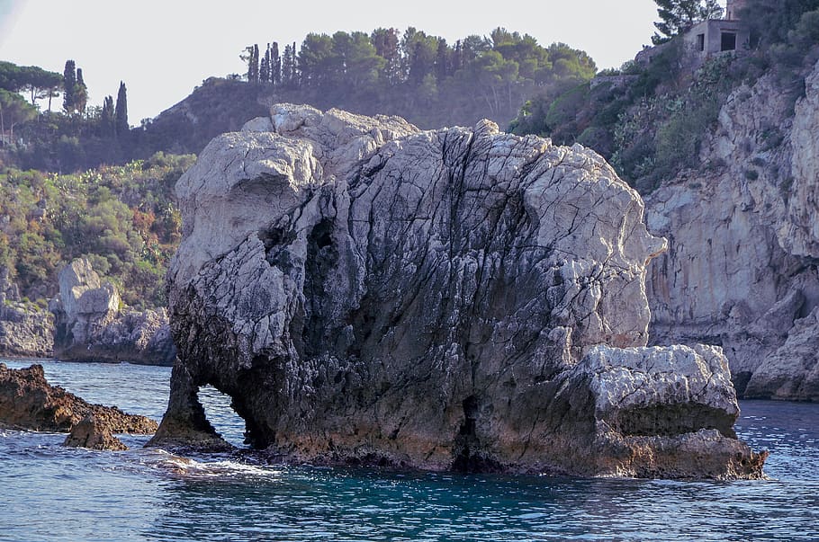 rock, elephant, sea, taormina, sicily, italy, travel, tourism, HD wallpaper