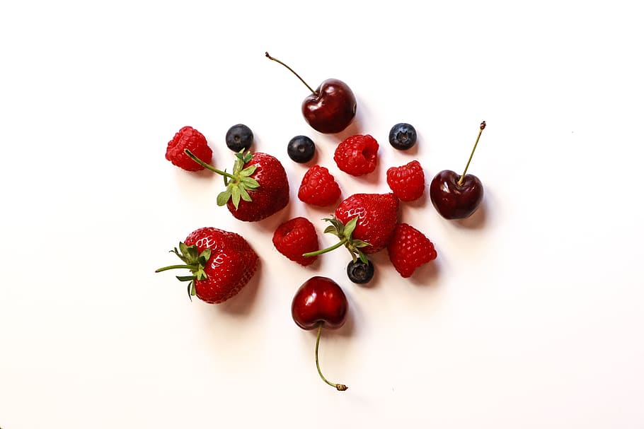 red fruit, strawberry, raspberry, cherry, variety, blueberry HD wallpaper