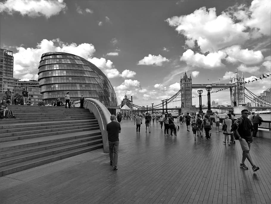 Grayscale Photo of People Walking Near Tower Bridge at London, HD wallpaper