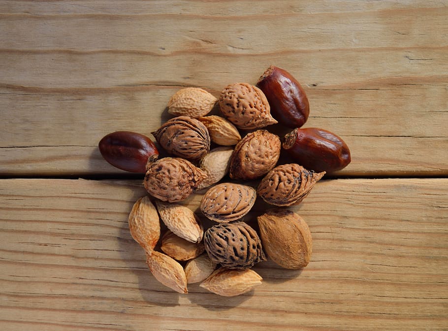 Brown Nuts, background, close-up, dark, fruits, seeds, wood, wooden HD wallpaper