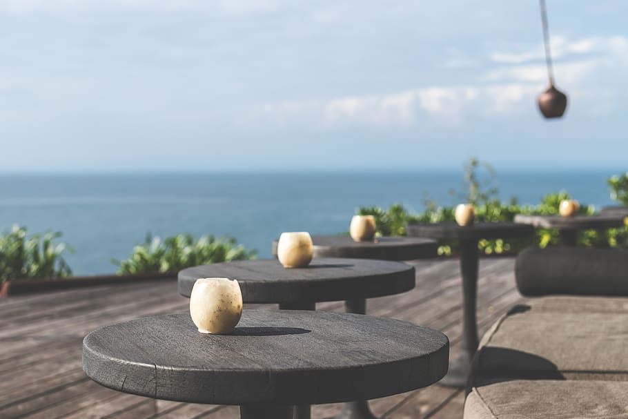 Tilt Lens Photography of Black Wooden Table, beach, beautiful HD wallpaper