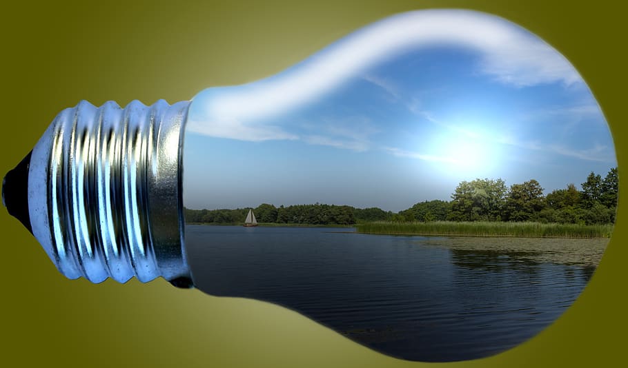 light bulb, landscape, water, assembly, lamps, nature, mirroring HD wallpaper