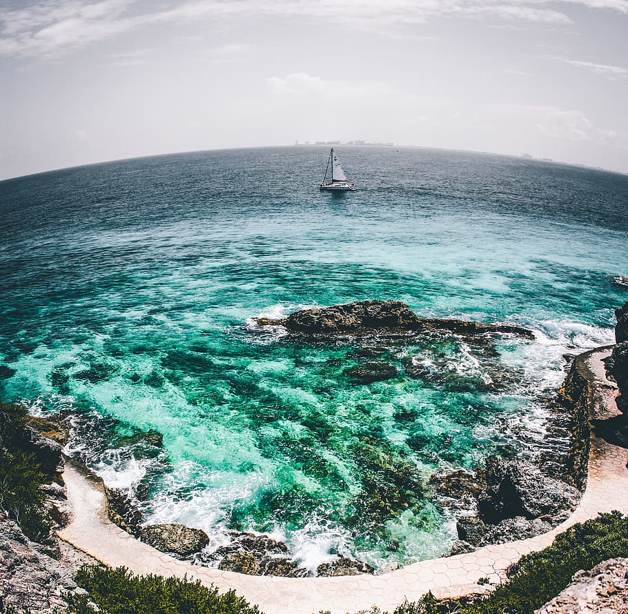 White Sailboat on Sea Water Fish-eye Photo, adventure, beach HD wallpaper