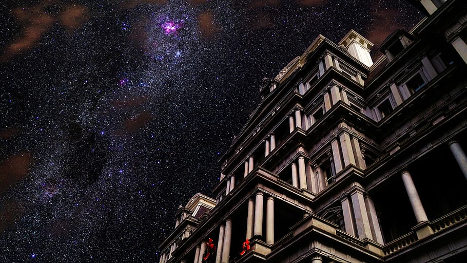 building, pillar, sky, star, milkyway, exterior, night, nightscape HD wallpaper