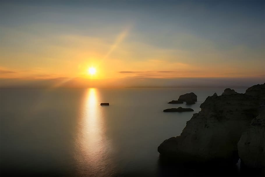 sunset, coastline, cliffs, ocean, sea, scenic, landscape, shore HD wallpaper
