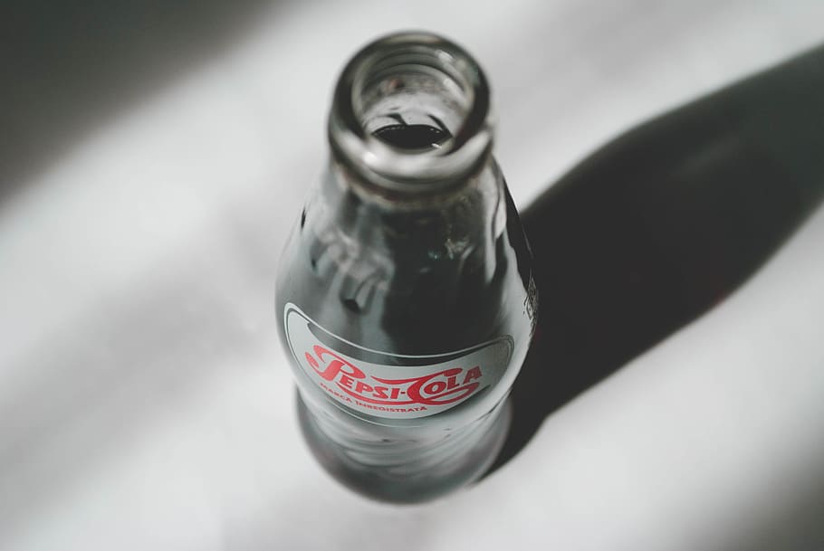 Pepsi-cola Bottle, above, brand, drink, glass, glass bottle, liquid, HD wallpaper