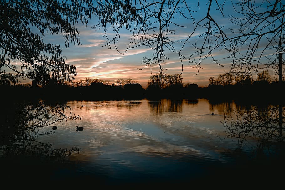 twilight, evening, night, nature, lake, mirroring, sunset, landscape HD wallpaper