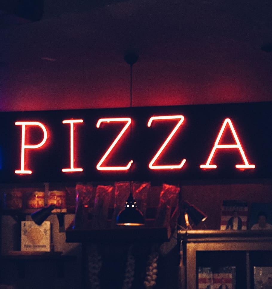 lights, pizza, red, white, dark, food, sign, neon, restaurant HD wallpaper