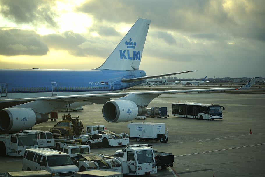 white and blue KLM airplane, air vehicle, transportation, mode of transportation