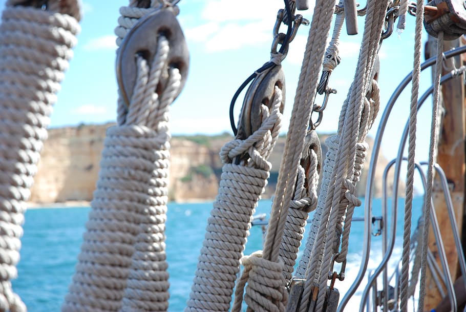 ropes, ship, rigging, cordage, knot, boat, sail, focus on foreground HD wallpaper