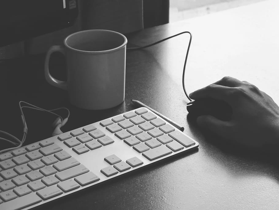 mug, cup, coffee, keyboard, mac, mouse, hand, computer, typing HD wallpaper