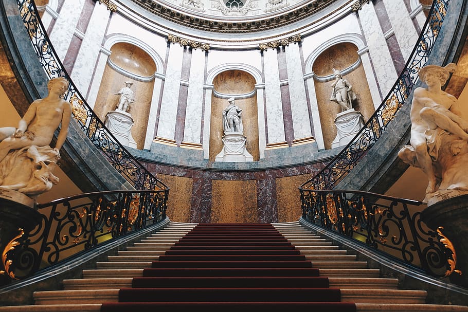 germany, berlin, bode museum, statue, stairs, house, church HD wallpaper