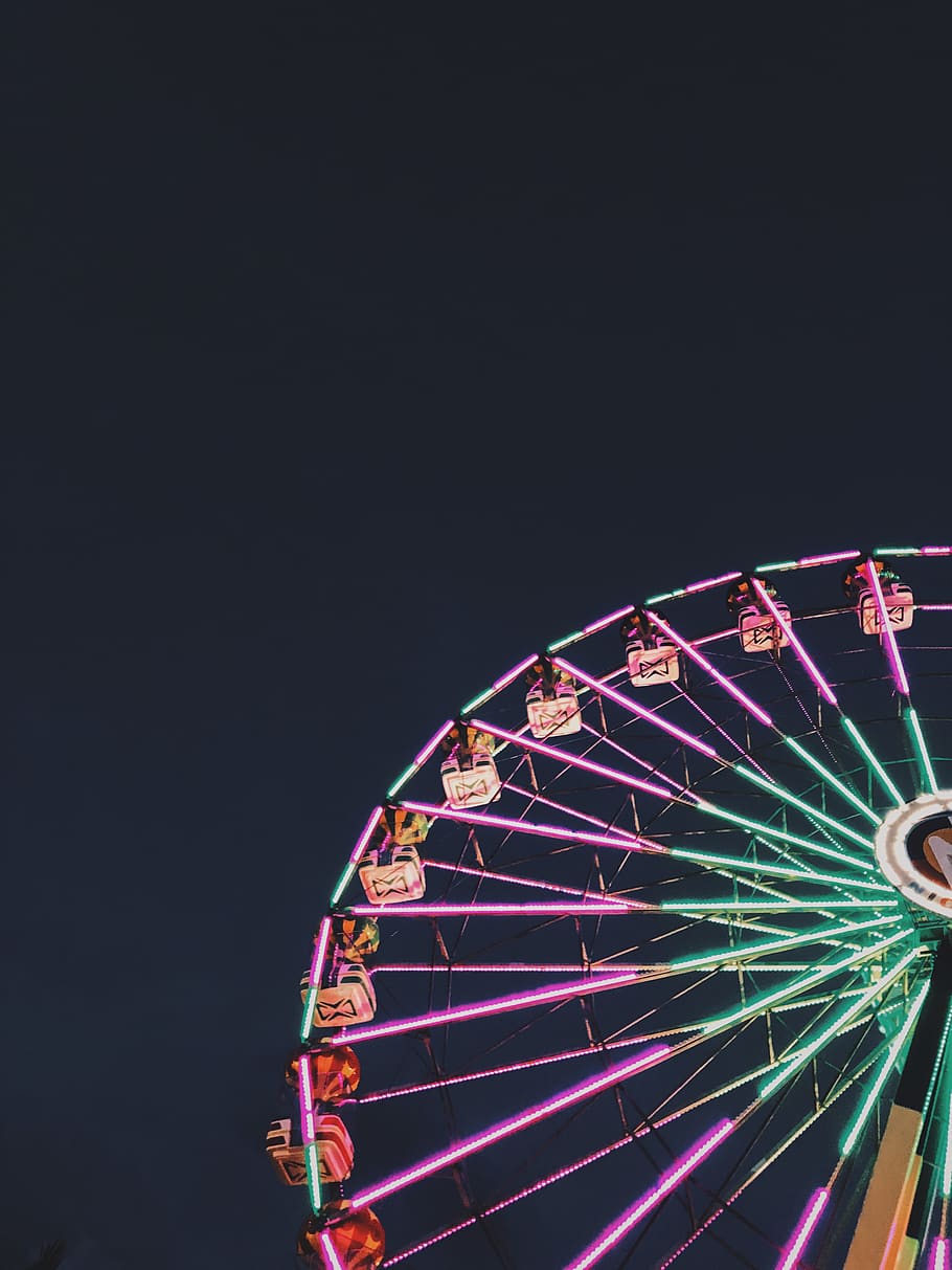 Photo of Ferris Wheel with Neon Lights at Night, carnival, enjoyment