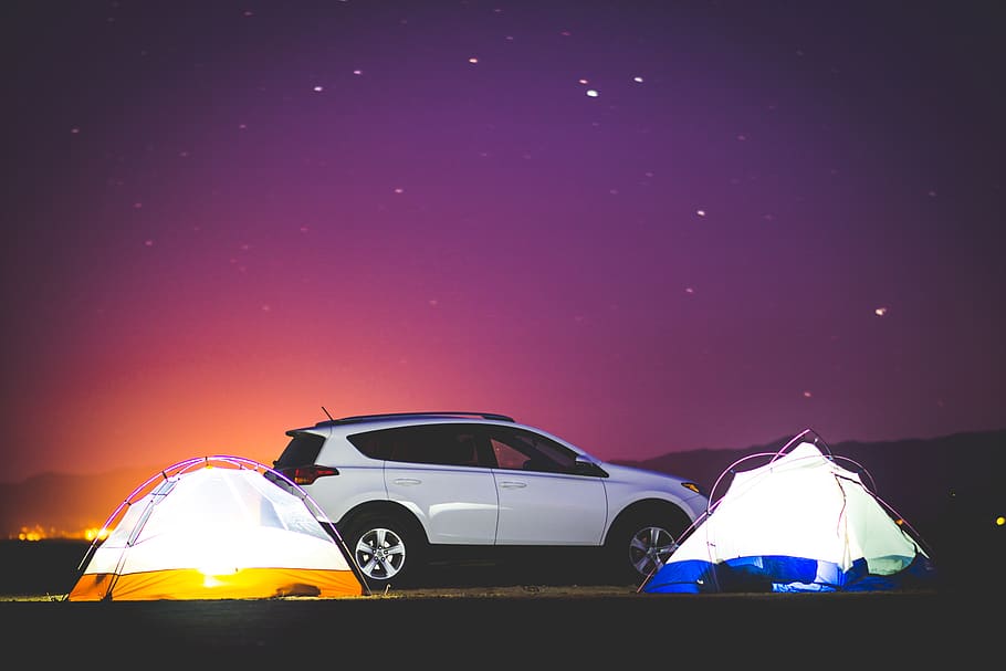white SUV in between dome tents under starry night, car, camping, HD wallpaper