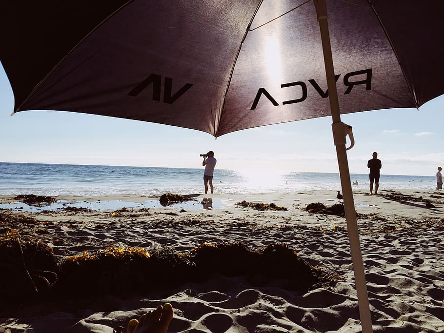 beach, umbrella, rvca, sun, sand, surf, water, ocean, summer, HD wallpaper