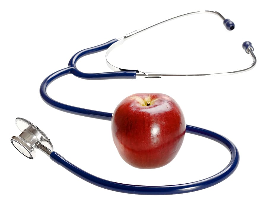 stethoscope, apple, background, cardiac, cardiology, care, closeup