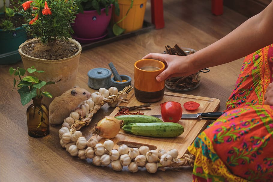 person having coffee while slicing vegetables, food, food and drink HD wallpaper