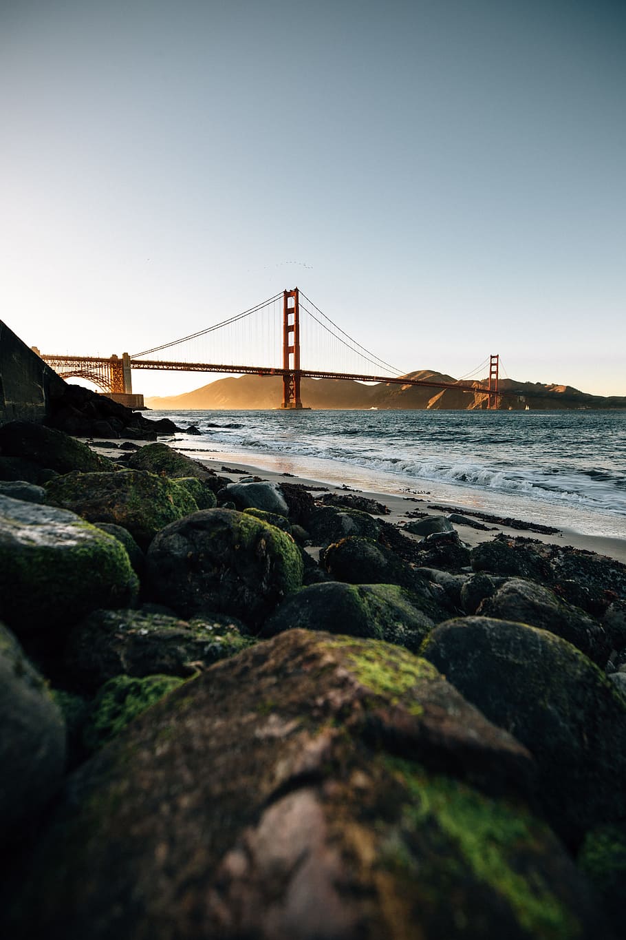 Golden Gate Bridge, San Francisco at daytime, water, rock, sea, HD wallpaper