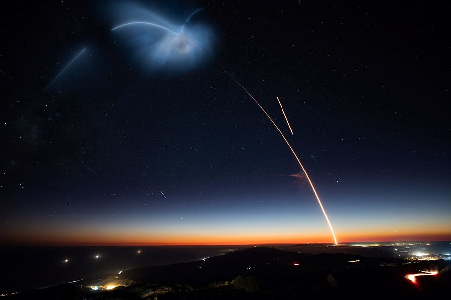 horizon during dusk, exploration, rocket, falcon rocket, night HD wallpaper