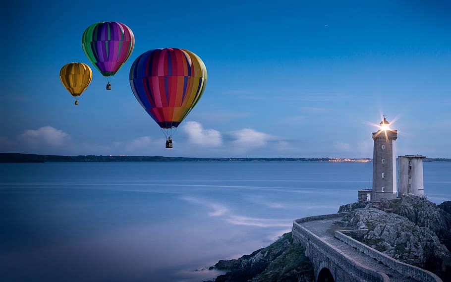 Three Flying Hot Air Balloons Near Lighthouse, beach, clouds, HD wallpaper