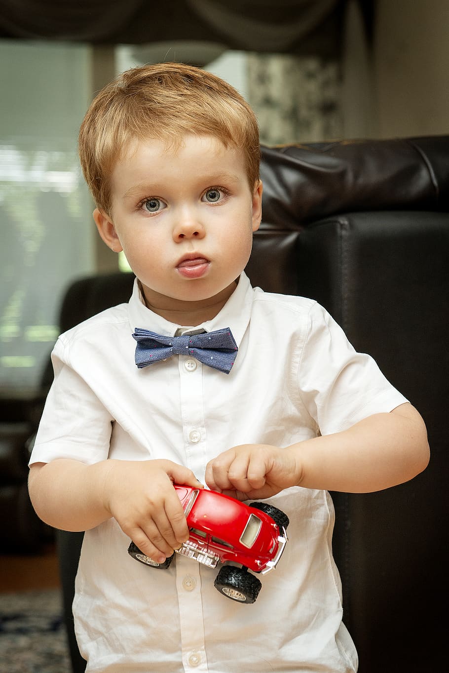 Boy Wearing White Collared Button-up Shirt Holding Red Vehicle Toy HD wallpaper